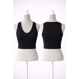 GARAGE Ribbed V-Neck Cropped Tank Top Black Size Medium